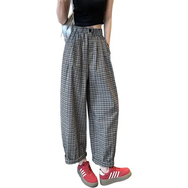 水中花 时尚潮流格纹设计宽松高腰褶皱肌理百搭休闲裤 女款