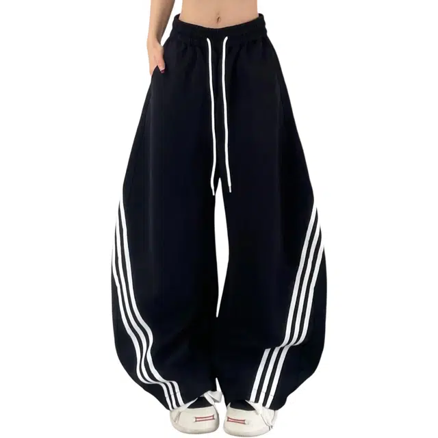 冈哉 美式复古条纹织带撞色拼接弯刀设计宽松百搭潮流痞帅运动裤抽绳直筒阔腿垂感拖地休闲裤 男女同款