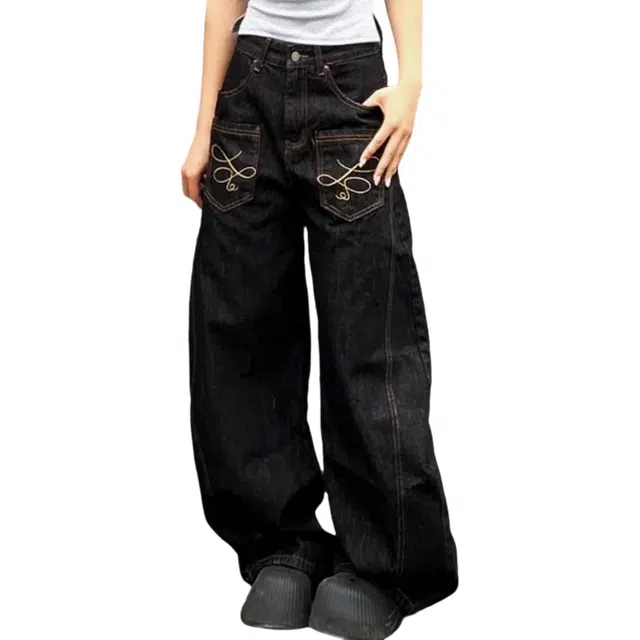 冈哉 美式复古简约水洗做旧反口袋弯刀设计舒适中腰阔腿慵懒拖地长裤牛仔裤 男女同款