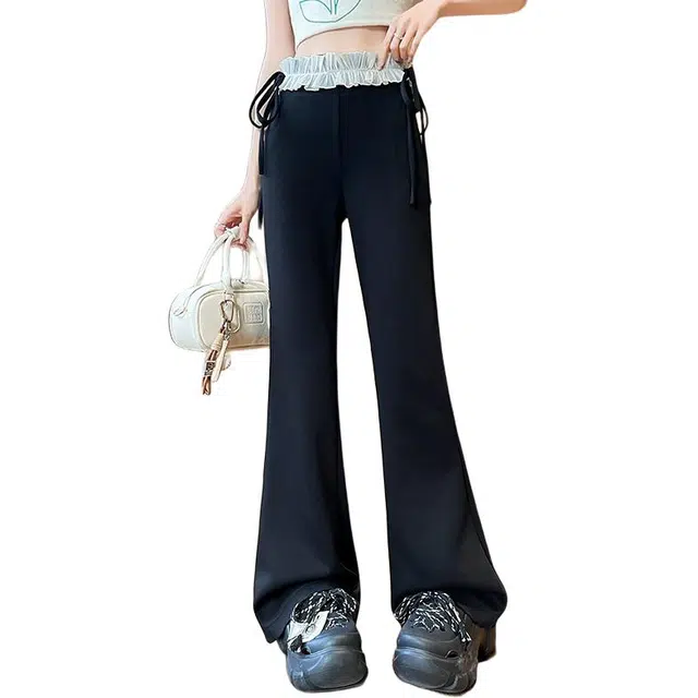 水中花 高腰显瘦蕾丝拼接垂感微喇系带修身简约舒适休闲裤 女款