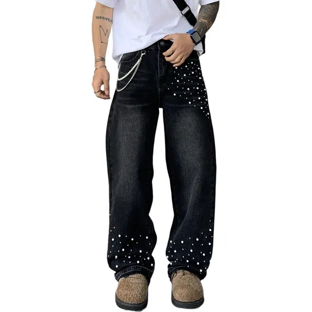 宝米卡 美式街头重工珍珠满天星镶珠烫珠宽松直筒痞帅高街阔腿裤牛仔裤 男女同款