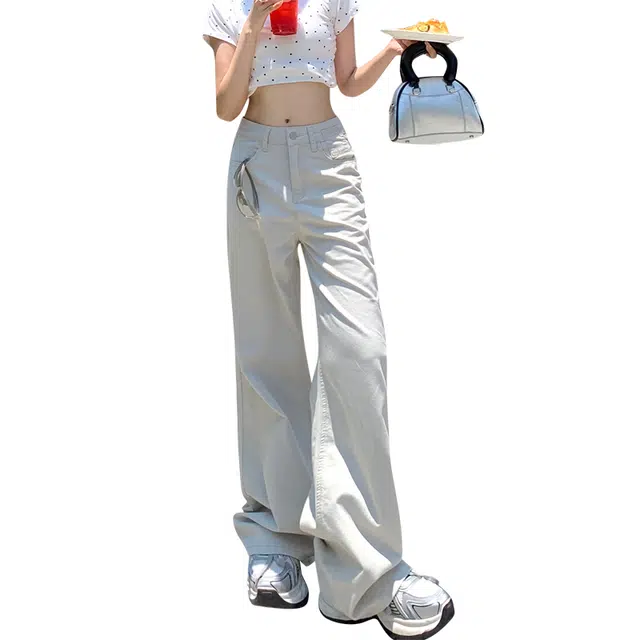 玫丝朵 纯色高腰阔腿休闲拖地垂感直筒牛仔裤 女款