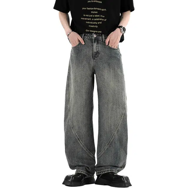 协协乐 废土风高街大弯刀微喇裤美式潮牌宽松直筒阔腿春秋款百搭运动垂坠感拖地长裤牛仔裤 男款