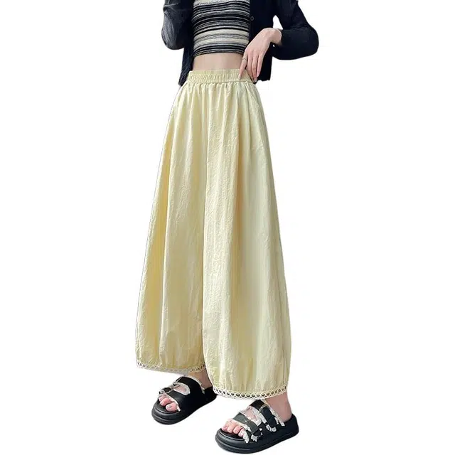 水中花 法式慵懒高腰显瘦阔腿垂感蕾丝拼接百搭宽松休闲裤 女款