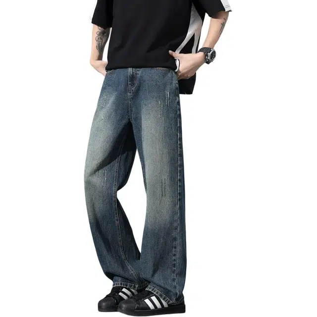 协协乐 美式复古弯刀春秋季潮牌水洗怀旧宽松直筒阔腿垂感百搭运动设计感休闲长裤牛仔裤 男款