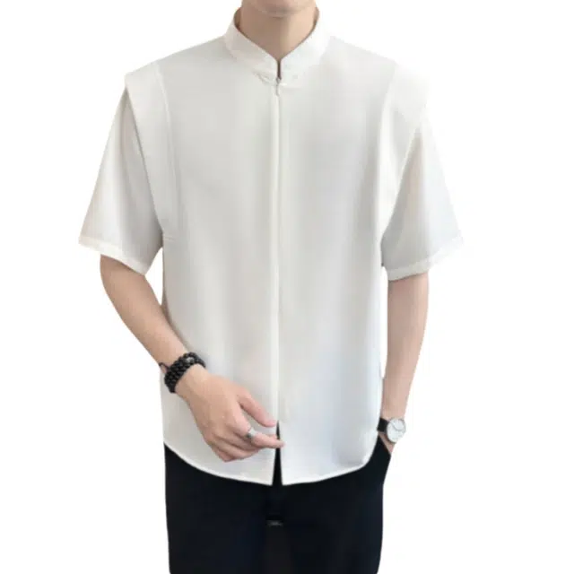 加荣 立领假两件新中式衬衫男夏季轻薄透气潮牌青少年户外出行百搭时尚流行小众设计感休闲痞帅半袖上衣 男女同款