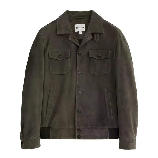 丹宁哲学 高端新西兰反绒羊皮拱针工艺纯色翻领直筒型皮衣 男款