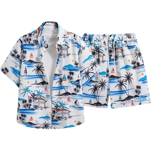 半空山 半空山短袖花+短裤沙滩度假风泰国夏威夷风痞帅宽松休闲男女情侣装衬衫套装 男女同款