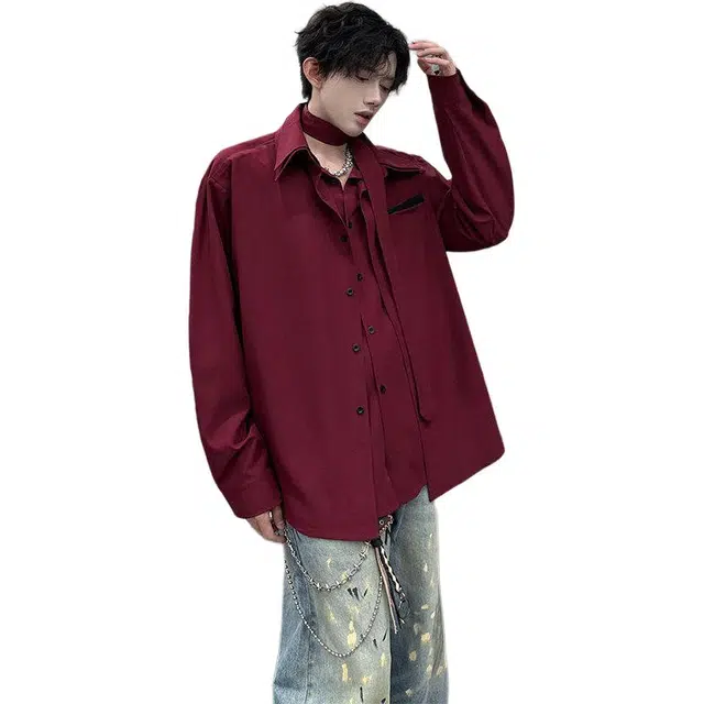 加荣 层次感拼接假两件衬衫男款夏季轻薄透气潮牌青少年户外出行百搭小众高级感痞帅可拆卸领带衬衣外套上衣 男女同款