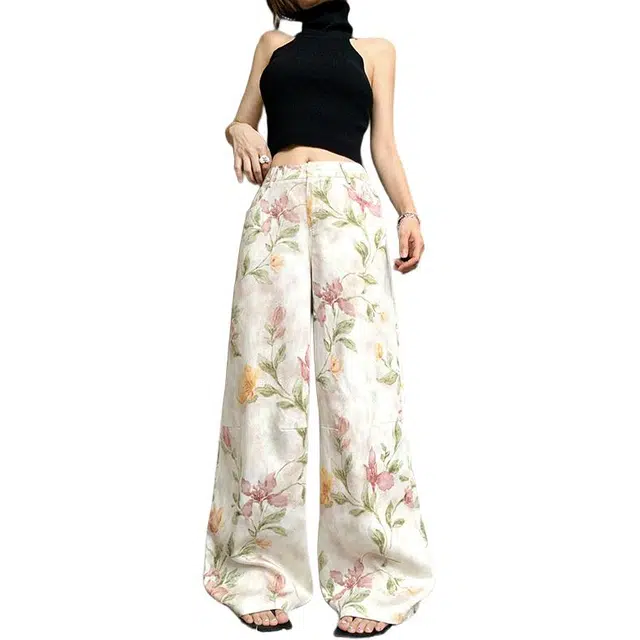 玫丝朵 韩系老钱风松弛感裤子女夏季薄款时尚花卉百搭宽松直筒拖地休闲裤 女款