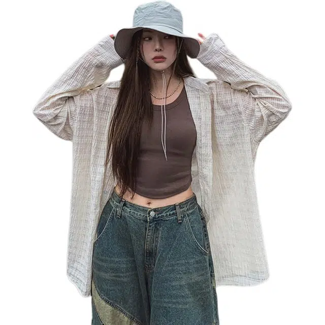 拓菲 小香风美式格子夏季镂空透气衬衣潮流情侣防晒外套长袖衬衫 男女同款