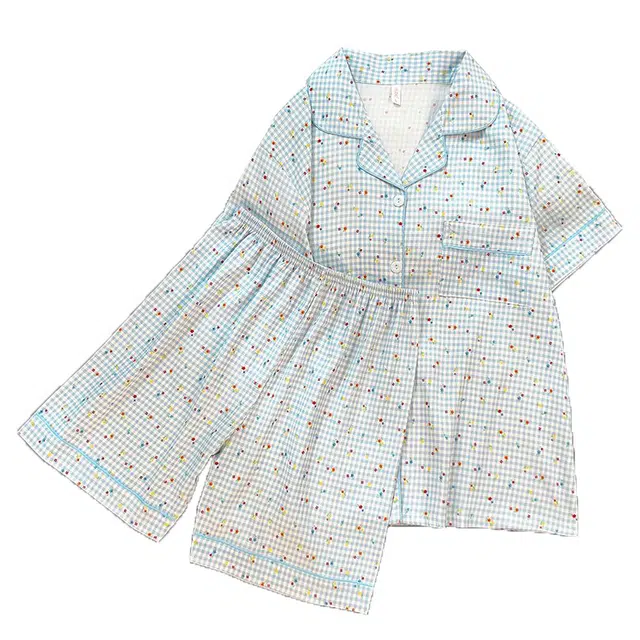 俏韵 翻领夏季云朵棉短袖短裤开衫甜美可爱家居服可外穿睡衣套装 女款