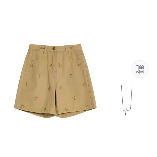 识恩 显瘦懒惰蝴蝶结刺绣高腰印花百搭宽松直筒阔腿牛仔短裤 女款