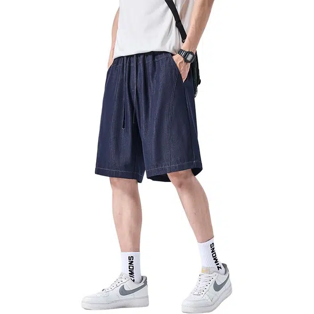 协协乐 冰丝原色夏季薄款凉感透气美式高街宽松直筒莱赛尔天丝休闲五分中裤牛仔短裤 男款