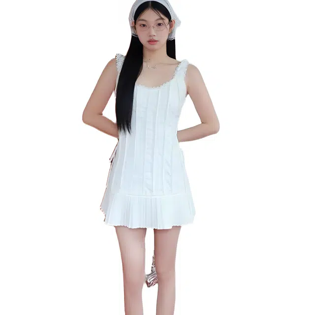 小卷要加油 拼接设计感小众纯色简约通勤时尚吊带连衣裙 女款