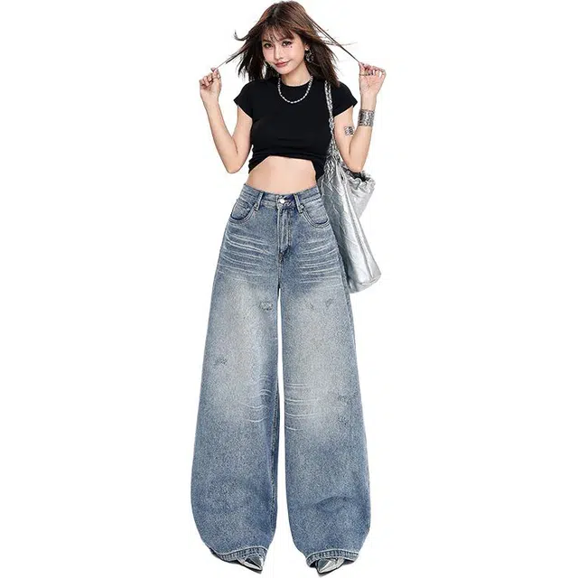 玫丝朵 美式高街重工水洗划破做旧阔腿裤子女时尚百搭宽松直筒牛仔裤 女款