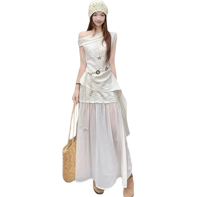 识恩 夏季法式斜领收褶无袖衬衫上衣拼接百搭半身裙女时尚裙装套装  女款