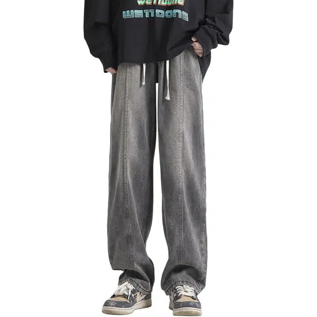 佐菲利 美式复古水洗做旧宽松阔腿直筒裤子分割线拼接抽绳弯刀牛仔裤 男款