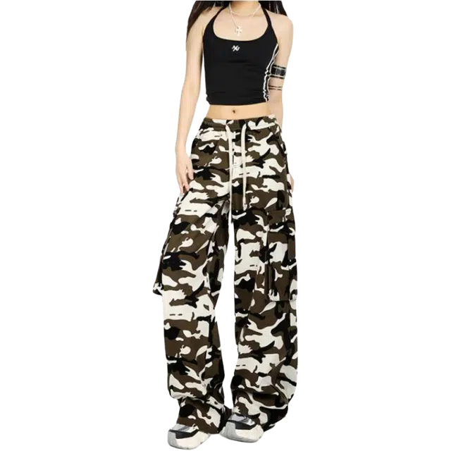 识恩 美式迷彩工装裤宽松休闲阔腿长裤时尚个性辣妹抽绳裤 牛仔裤 女款