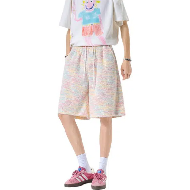 颂希尔 小香风扎染马海毛五分裤潮牌重磅针织宽松百搭运动休闲短裤 男女同款