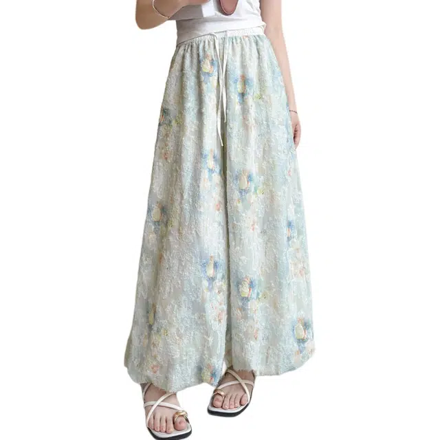 敲模女孩 法式慵懒风碎花阔腿灯笼高腰休闲裤 女款