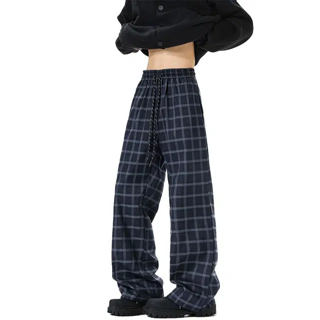 奇迹街区 老钱风高街美式复古格子裤微喇潮牌水洗做旧宽松垂感百搭休闲裤 男女同款