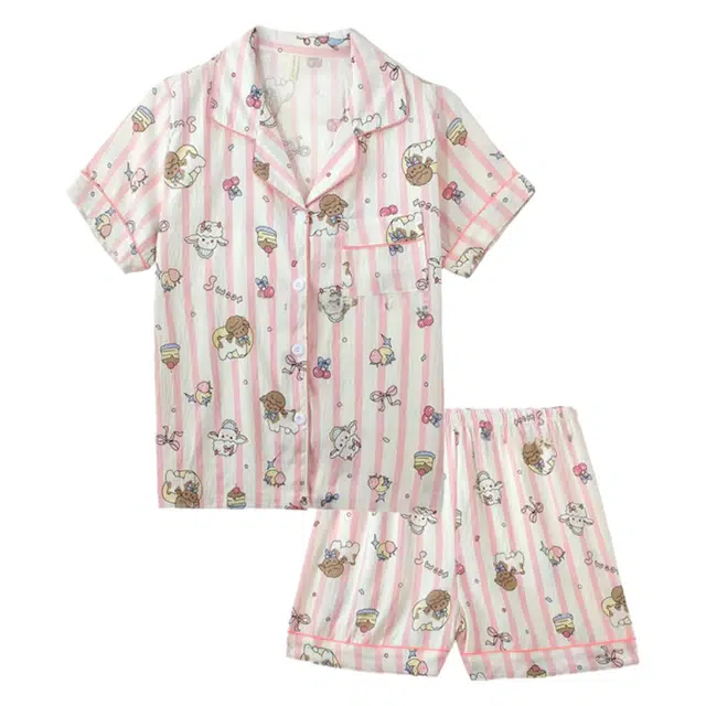 俏韵 翻领卡通条纹夏季云朵棉甜美短袖短裤舒适薄款家居服可外穿睡衣套装 女款