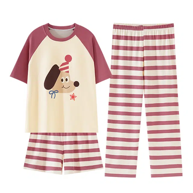 俞兆林 带胸垫夏天薄款可爱小狗卡通圆领宽松短袖长裤三件套休闲家居服睡衣套装 夏季 女款