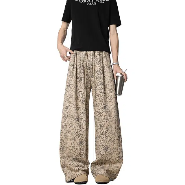 加荣 美式复古提花满印休闲裤男夏季轻薄透气潮牌青少年户外出行百搭男裤小众设计感抽绳松紧腰显瘦直筒阔腿裤长裤 男女同款