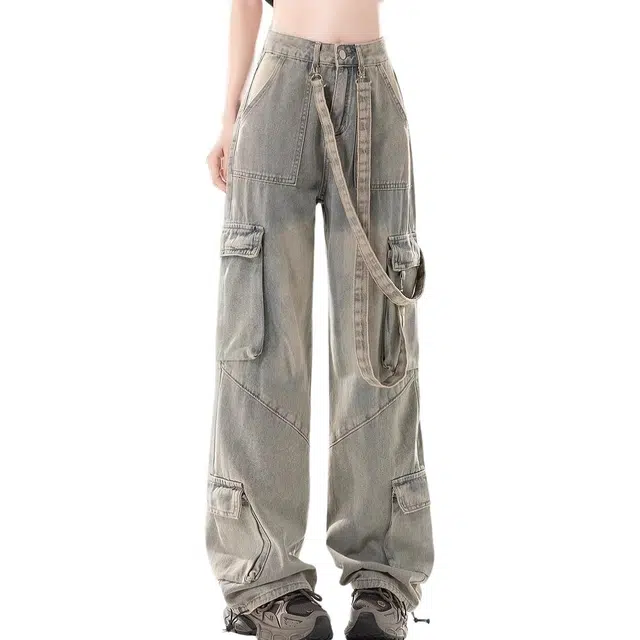 小卷要加油 美式复古工装多口袋显瘦宽松拖地裤子牛仔裤 女款