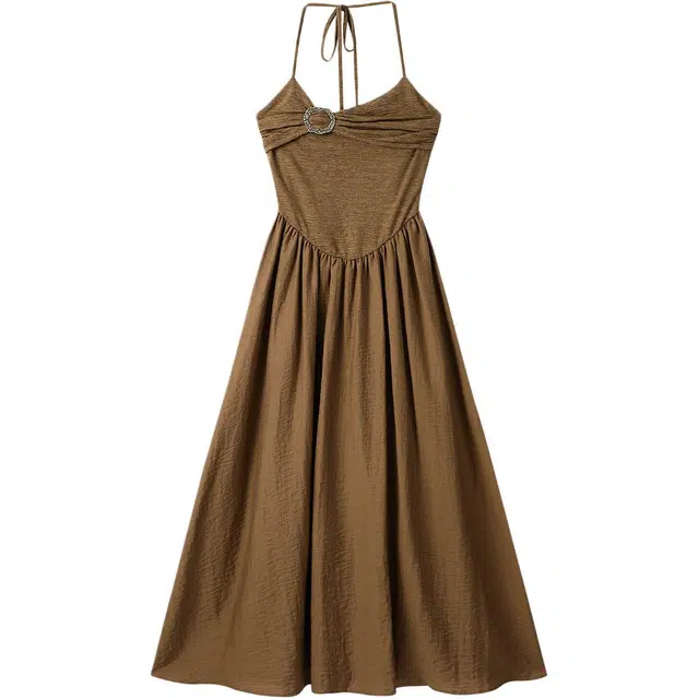 如续 复古挂脖吊带女夏季气质收腰显瘦无袖连衣裙 女款