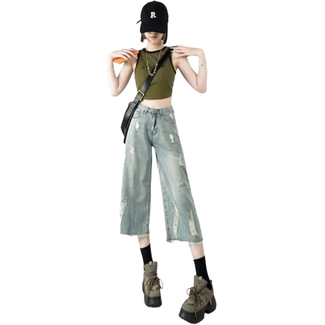 识恩 港风做旧破洞水洗户外休闲高腰直筒八分裤女牛仔裤 女款