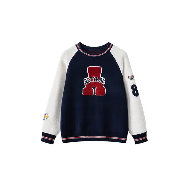 红蜻蜓 美式学院风圆领撞色插肩袖套头针织毛衣 男女同款