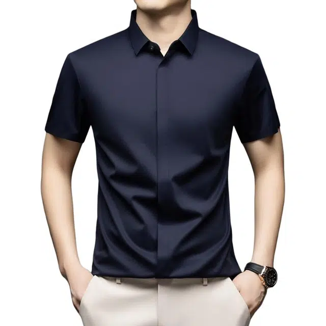 卡丹狄诺 含桑蚕丝暗门襟凉感顺滑垂感弹力纯色衬衣轻商务休闲短袖衬衫 男款