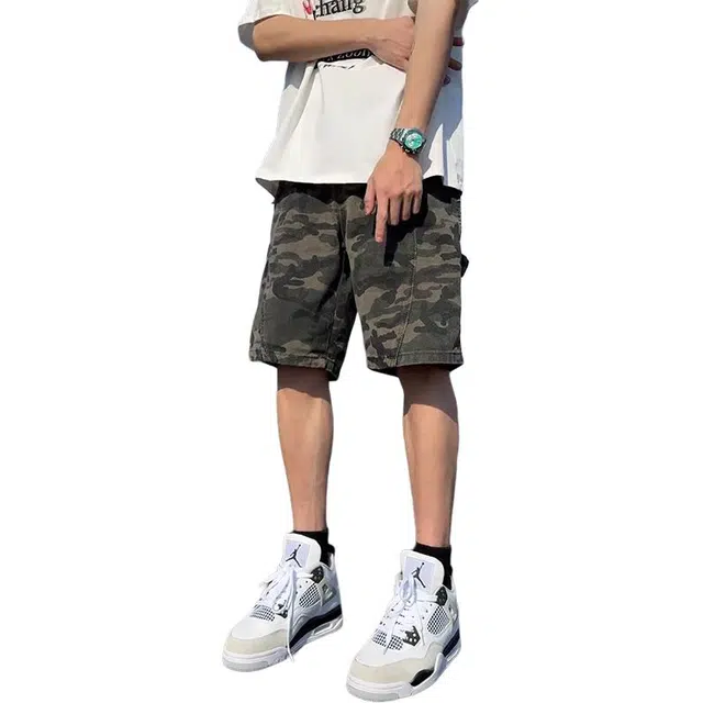 徐百货 美式解构迷彩中裤水洗潮牌伐木工装裤子复古五分裤休闲短裤 男女同款