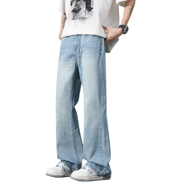 协协乐 美式高街柳叶弯刀微喇春秋季宽松直筒阔腿休闲潮牌百搭运动通勤长裤牛仔裤 男款