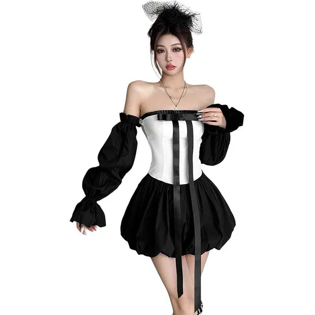 小卷要加油 法式公主风蝴蝶结飘带百搭撞色裙女小众修身抹胸裙长袖连衣裙 女款