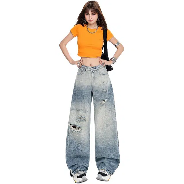 玫丝朵 美式复古重工水洗破洞阔腿裤子女百搭宽松直筒拖地牛仔裤 女款