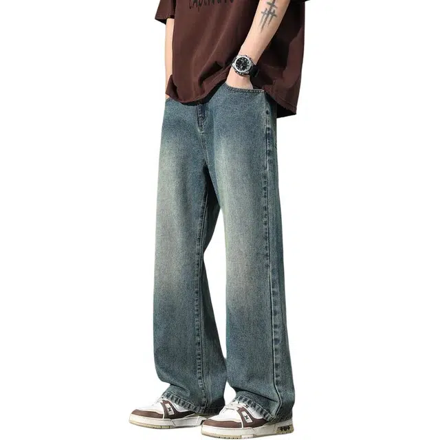 协协乐 美式微喇男生高街潮牌复古水洗宽松直筒休闲春秋季弯刀拖地长裤子牛仔裤 男款