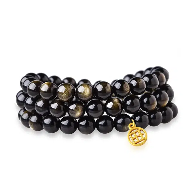 谧月珠宝 国潮万事顺意平安顺遂本命年珠转运招财精美礼盒多圈叠戴国风简约文玩佛珠轻奢时尚百搭好运天然 黑曜石 手串 男女同款情侣款