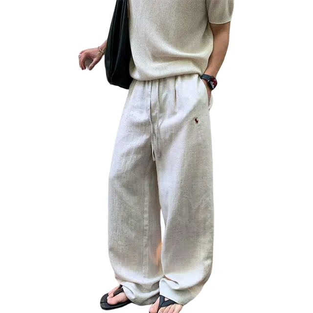 佑麟 小马标老钱风亚麻裤子男款夏季薄款棉麻垂感阔腿裤宽松休闲裤 男女同款