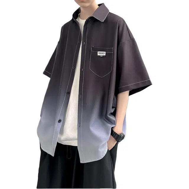 加荣 港风水洗褶皱渐变休闲衬衫男夏季轻薄透气青少年户外出行通勤百搭小众设计高级感大码痞帅半袖上衣 男女同款