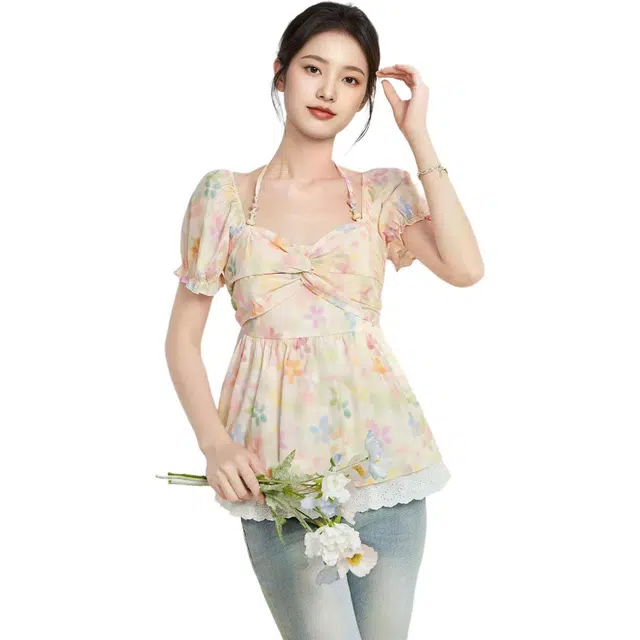爱依服 法式甜美纯欲风碎花花色泡泡袖短袖衬衫 女款