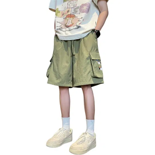 顶峰保罗 腊肠小狗图案冰丝凉感工装直筒五分裤美式高街潮牌宽松小众百搭痞帅设计感休闲短裤 男女同款