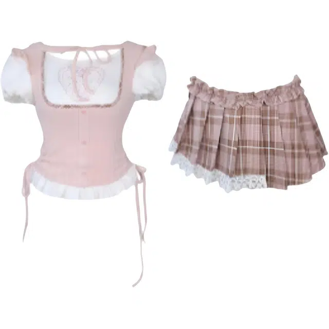 小卷要加油 韩系甜妹氛围感穿搭撞色拼接荷叶边上衣高腰显瘦蕾丝格子裙两件套裙装套装 女款