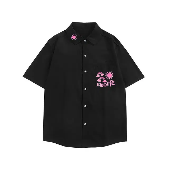 法文箱子 印花夏季薄款宽松潮牌痞帅外套休闲夏天垂感衬衣短袖衬衫 男款