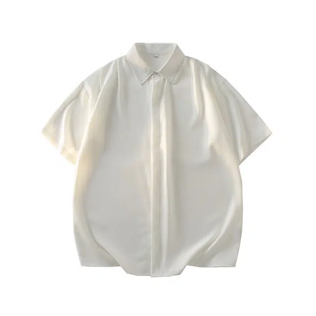 左岸 夏季冰丝薄款简约纯色休闲青春小众学院风时尚酷潮宽松舒适百搭痞帅港风潮牌衬衣短袖衬衫 男款