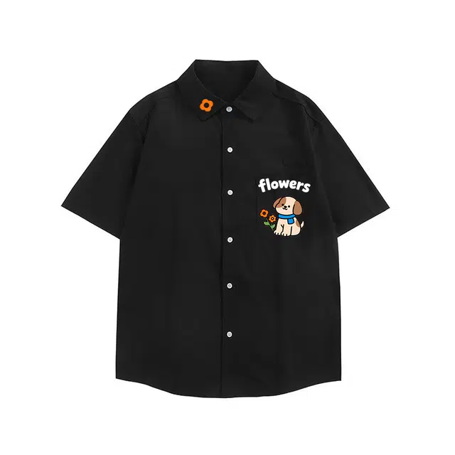 法文箱子 短袖男士夏季潮牌印花可爱小狗通用休闲衬衣宽松夏天半袖外套衬衫 男款