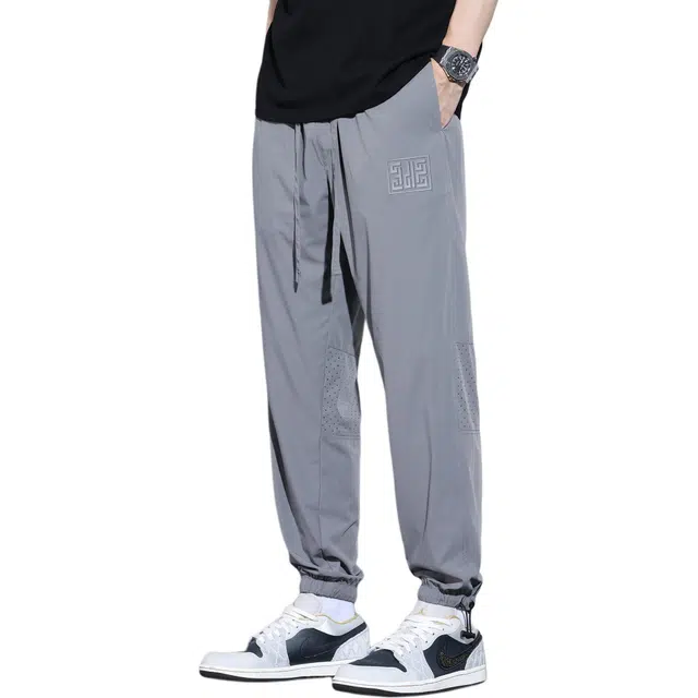 瑞梵帝斯 时尚百搭高弹冰丝薄款自带透气网孔设计纯色系带宽松微喇阔腿长裤舒适免烫抗皱垂感速干凉感直筒哈伦裤男生休闲裤 男款