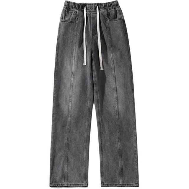 佐菲利 美式复古水洗做旧宽松阔腿直筒裤子分割线拼接抽绳弯刀牛仔裤 男款